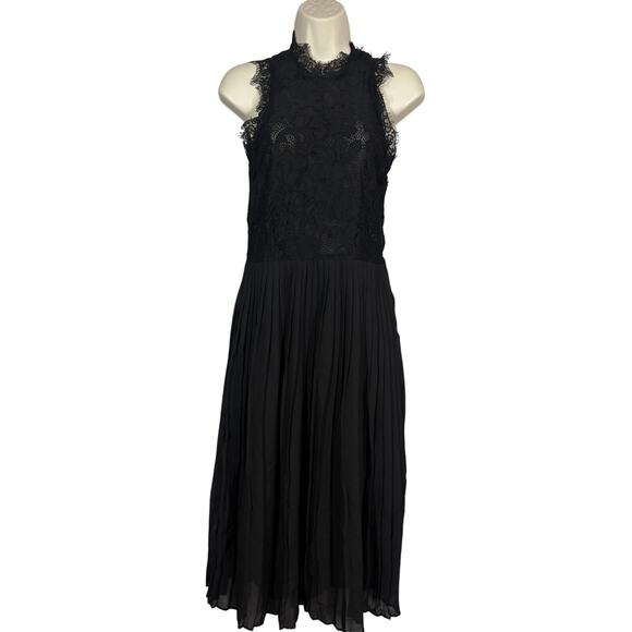 H&M Lace Midi Dress Flare Pleated Skirt Black High Neck Sleeveless - 6 - Picture 1 of 6
